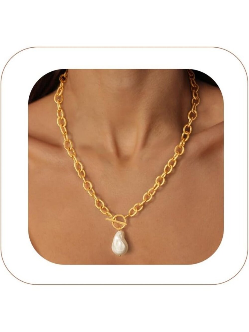 Women's White Baroque Pearl Chunky 14K Plated Gold Chain Trendy Jewelry Necklace